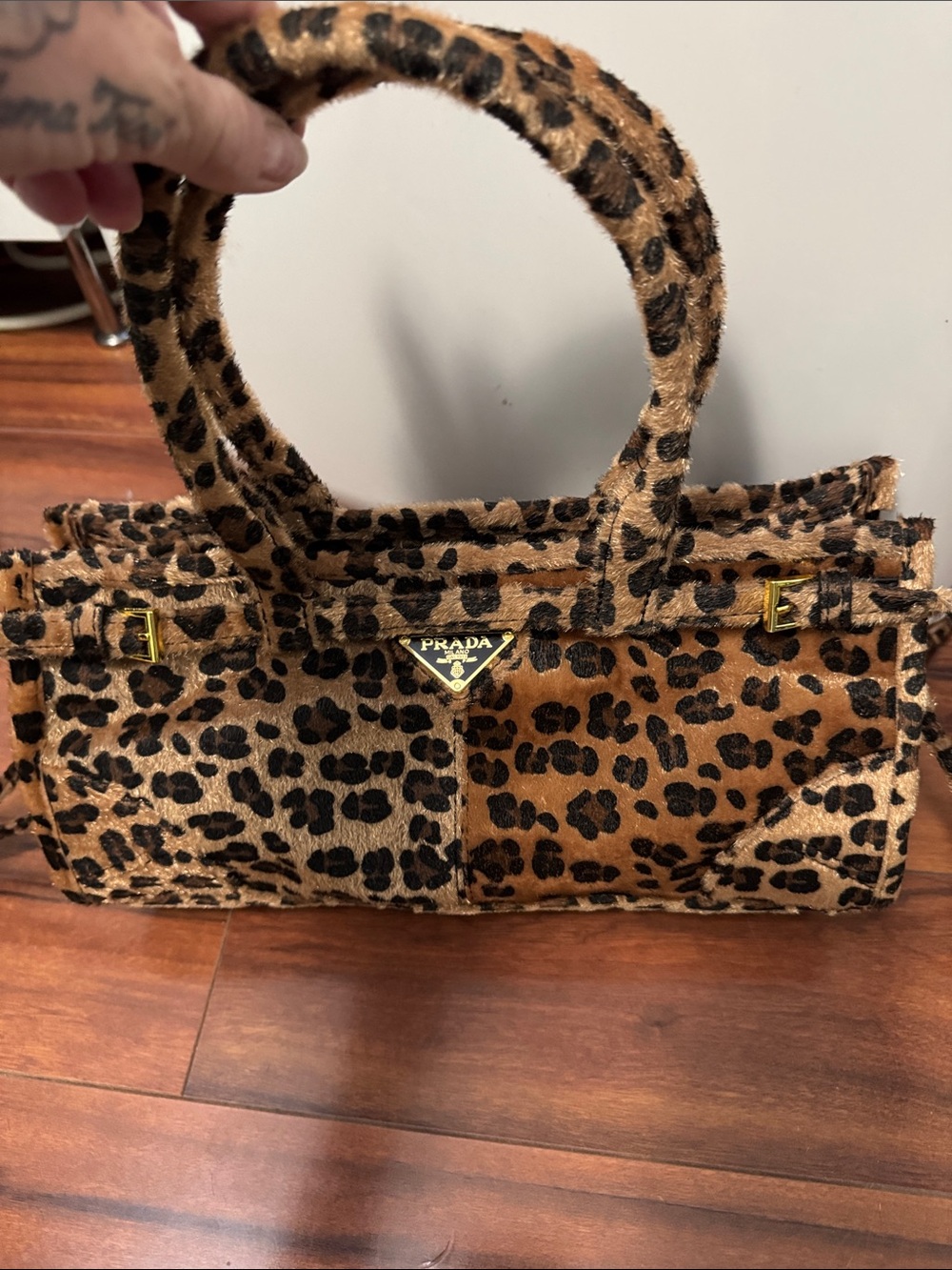 Prada copy Leopard Print faux Haircalf Satchel - Brown and Black